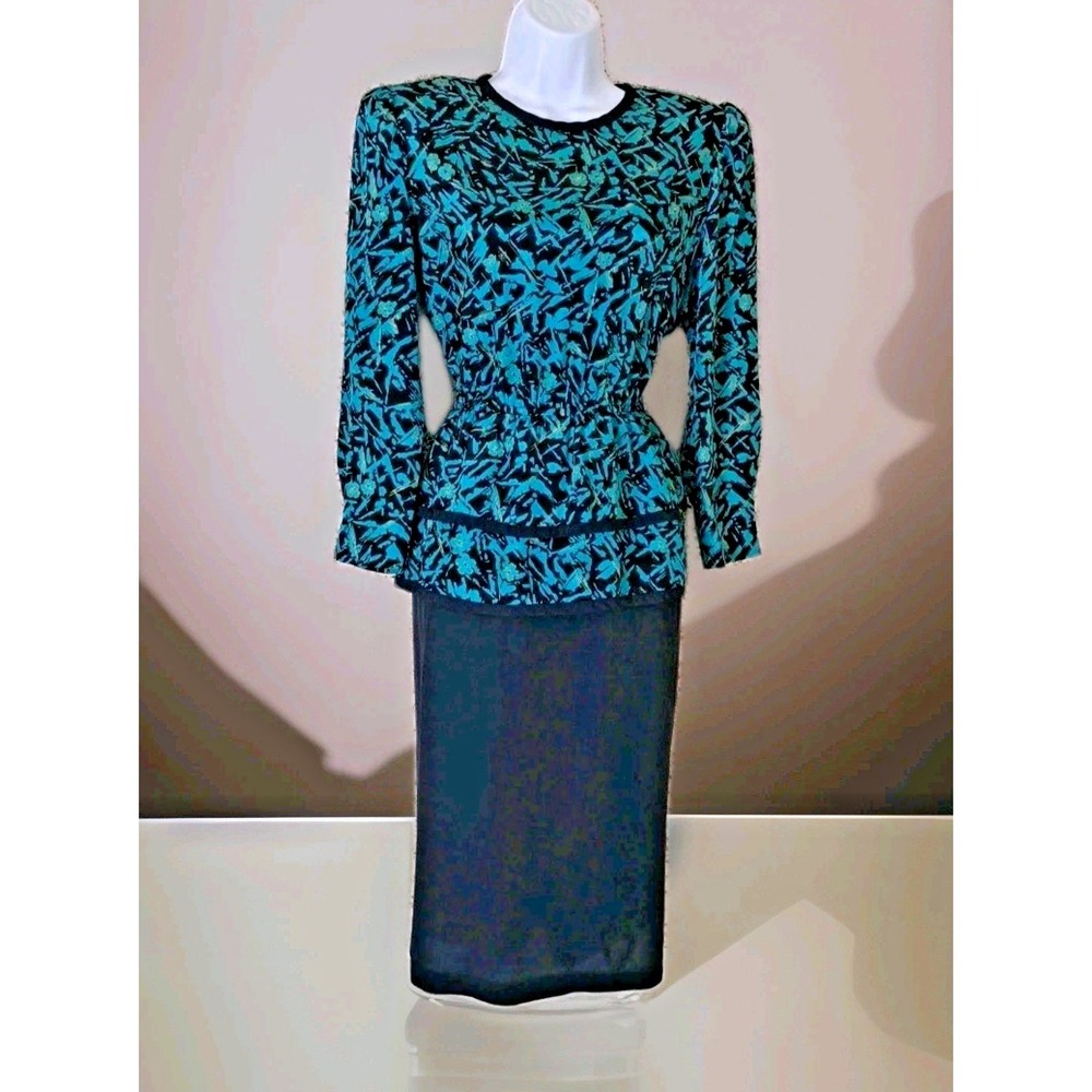 S L Petites Dress 12‎ Turquoise Black Peplum Elastic Waist Long Sleeve USA Made
